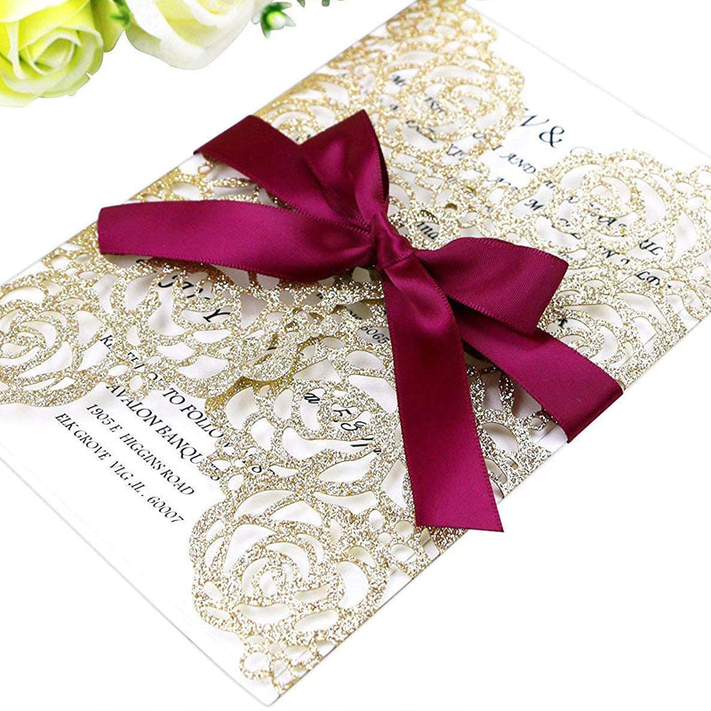 Gold Glitter Laser Cut Hollow Rose With Burgundy Ribbon Glitter Wedding Invitation Card (7)