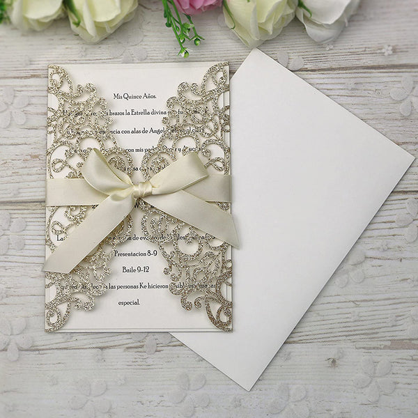 Gold Glitter Laser Cut Wedding Invitations Cards with Envelopes for Wedding Bridal Shower (1)