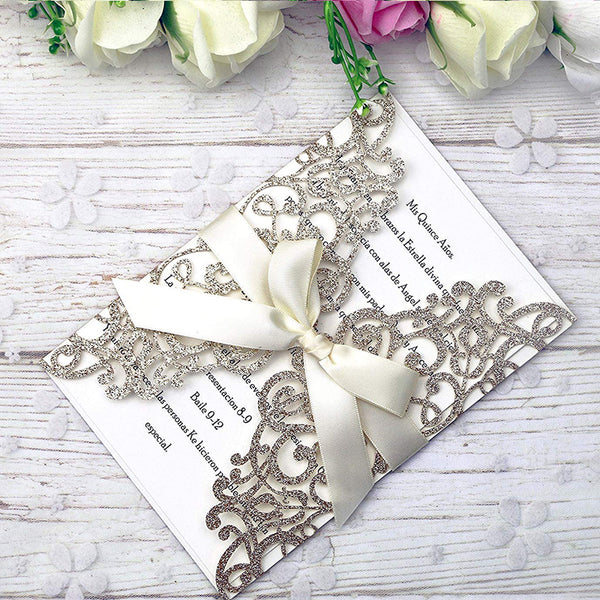 Gold Glitter Laser Cut Wedding Invitations Cards with Envelopes for Wedding Bridal Shower (2)