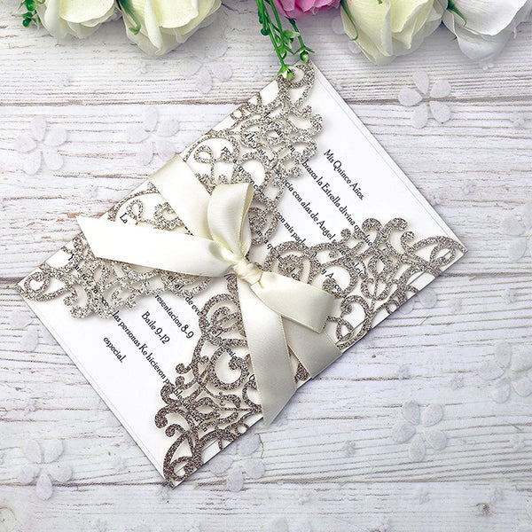Gold Glitter Laser Cut Wedding Invitations Cards with Envelopes for Wedding Bridal Shower (3)