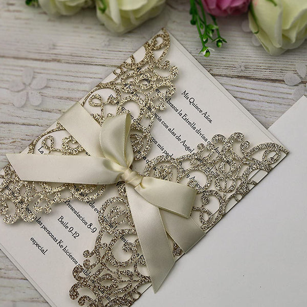 Gold Glitter Laser Cut Wedding Invitations Cards with Envelopes for Wedding Bridal Shower (5)