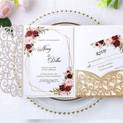 Gold Glitter Tri-Fold Laser Cut Wedding Invitation Pocket with Envelopes (1)
