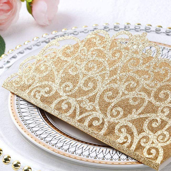 Gold Glitter Tri-Fold Laser Cut Wedding Invitation Pocket with Envelopes (4)
