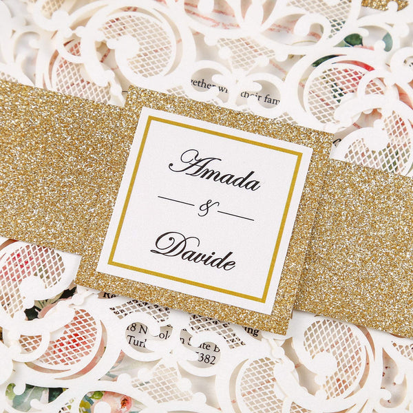 Gold and Navy Laser Cut Wedding Invitation with Glitter Belly Band (2)