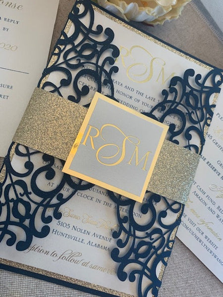 Gold and Navy Laser Cut Wedding Invitation with Glitter Belly Band (4)