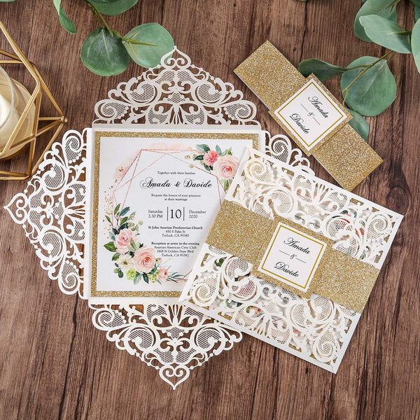 Gold and Navy Laser Cut Wedding Invitation with Glitter Belly Band (5)