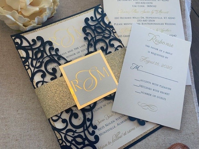 Gold and Navy Laser Cut Wedding Invitation with Glitter Belly Band