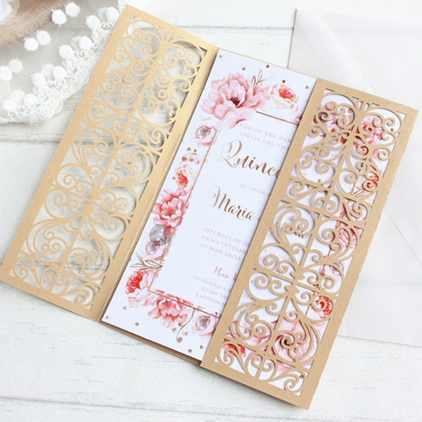 Gold and White laser cut wedding invitations with gate