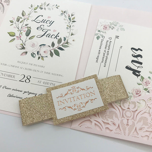 Gorgeous Blush Laser Cut Wedding Invitations with Glittery Belly Band Lcz030 (4)