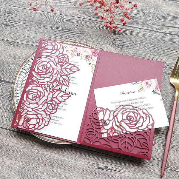 Gorgeous Burgundy Gold Glittery Laser Cut Wedding Invitations with Floral Design Lcz077 (1)