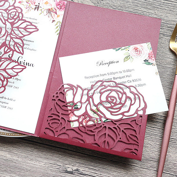 Gorgeous Burgundy Gold Glittery Laser Cut Wedding Invitations with Floral Design Lcz077 (2)
