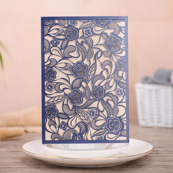 Gorgeous Ivory and Navy Pocket Lace Laser Cut Wedding Invitations with Beads Inlay Lcz096 (1)