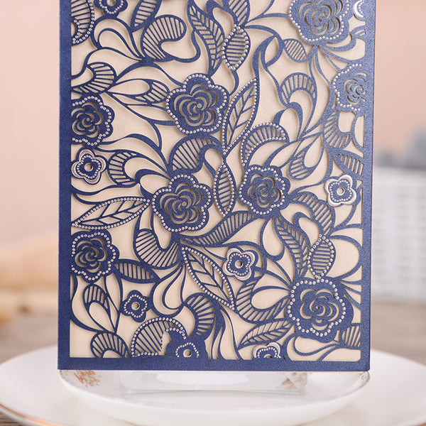 Gorgeous Ivory and Navy Pocket Lace Laser Cut Wedding Invitations with Beads Inlay Lcz096 (4)