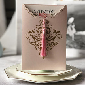Gorgeous Royal Elegant Pink Pocket Wedding Invitations with Tassel Lcz088 (1)