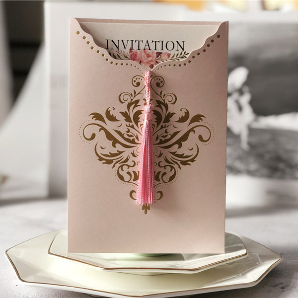 Gorgeous Royal Elegant Pink Pocket Wedding Invitations with Tassel Lcz088 (4)