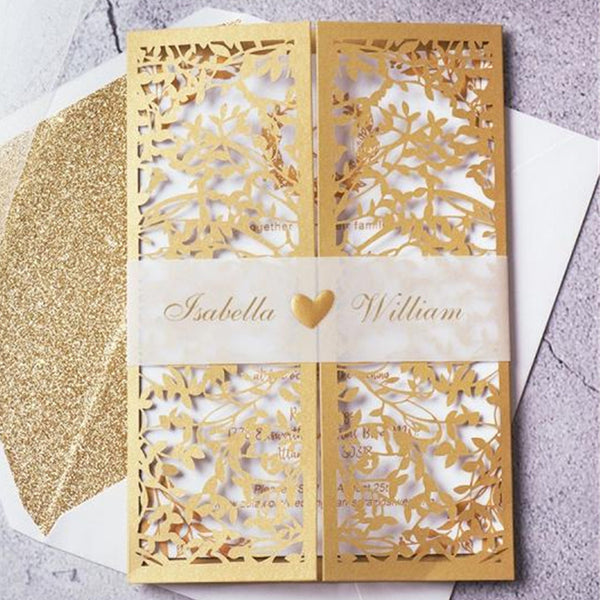 Graceful Fold Gold Laser Cut Wedding Invitations with Matching Ribbons and Delicate Leaf Design Lcz056 (1)