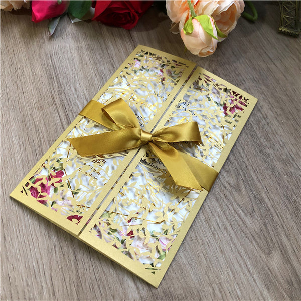 Graceful Fold Gold Laser Cut Wedding Invitations with Matching Ribbons and Delicate Leaf Design Lcz056 (4)