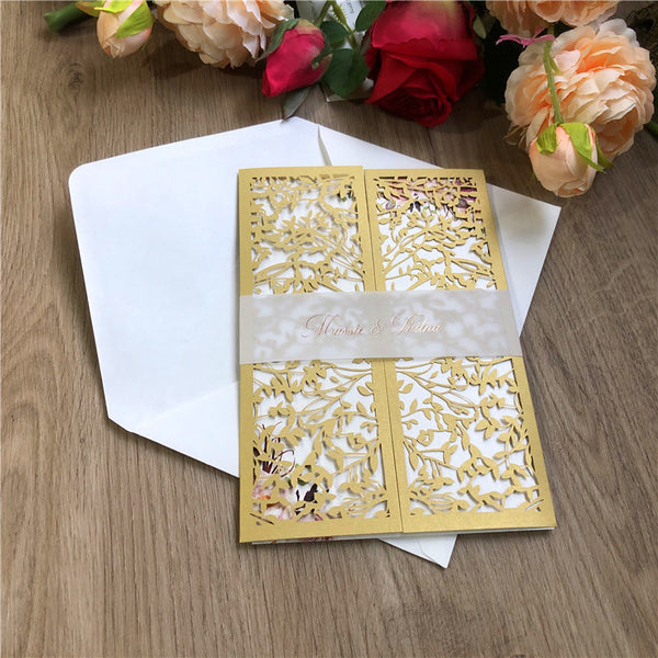 Graceful Fold Gold Laser Cut Wedding Invitations with Matching Ribbons and Delicate Leaf Design Lcz056 (5)