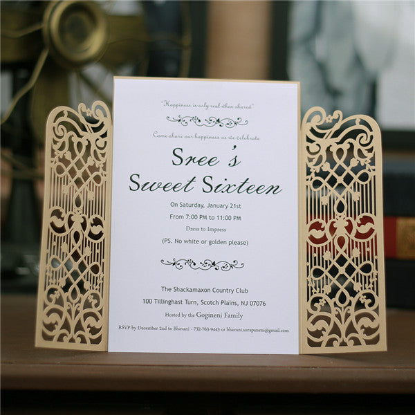 Graceful gold laser cut wedding invitations with door design LC040_3