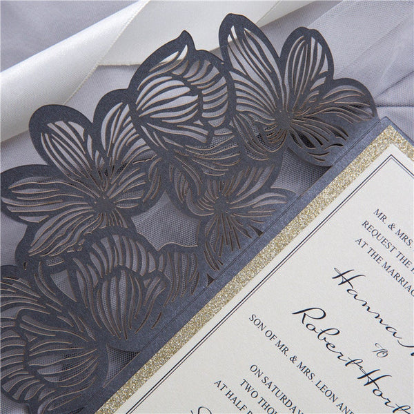 Grey and Gold Floral Laser Cut Wedding Invitation with Pocket (2)