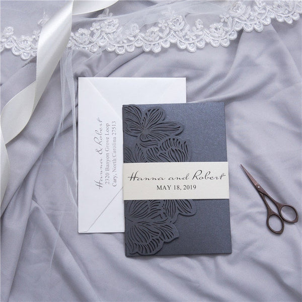 Grey and Gold Floral Laser Cut Wedding Invitation with Pocket (3)