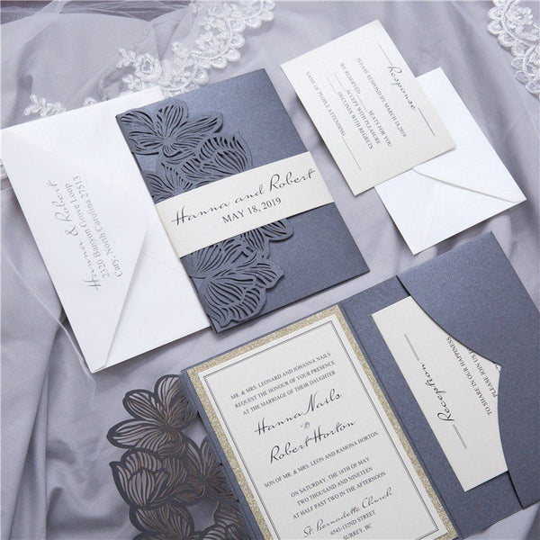 Grey and Gold Floral Laser Cut Wedding Invitation with Pocket (4)