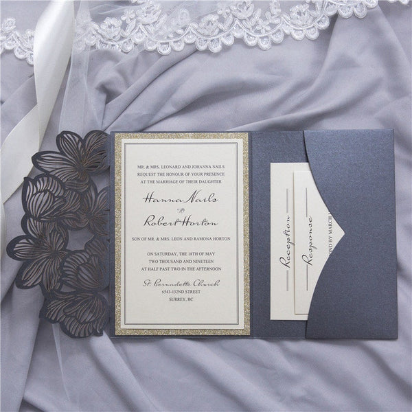 Grey and Gold Floral Laser Cut Wedding Invitation with Pocket
