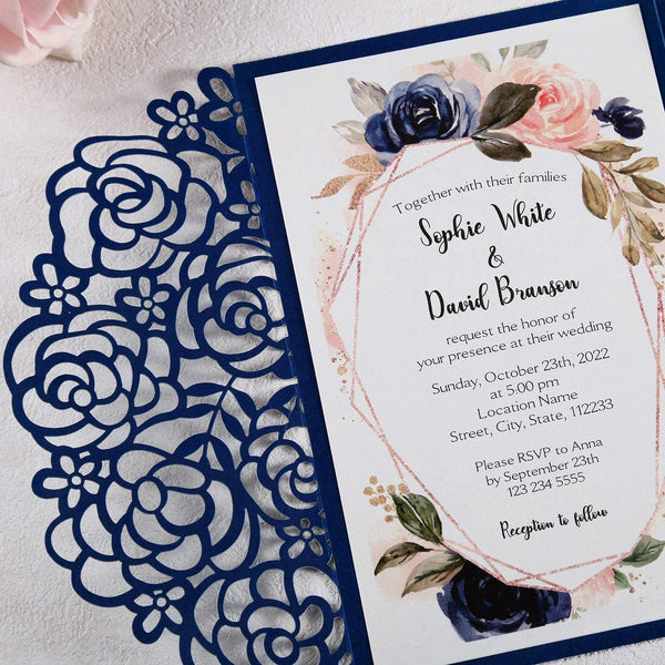 Hollow Rose Pocket Laser Cut Wedding Invitation (4)