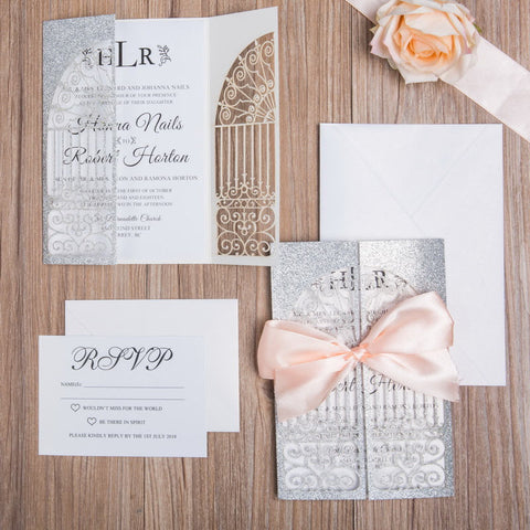 Impressive Silver Glittery Laser Cut Wedding Invitations with Ceremonial Gate and Eye-catching Pink Bow Tie Lcz085 (1)