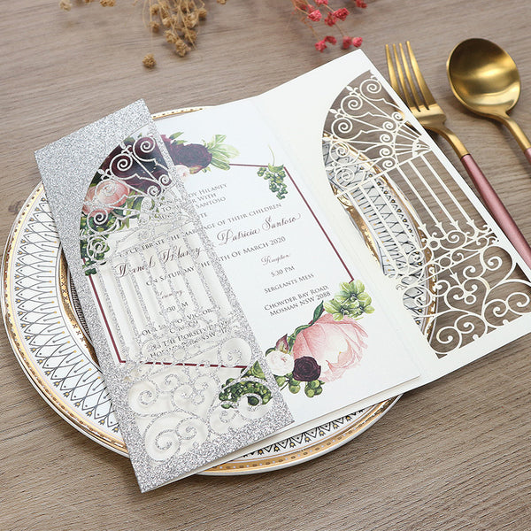 Impressive Silver Glittery Laser Cut Wedding Invitations with Ceremonial Gate and Eye-catching Pink Bow Tie Lcz085 (3)