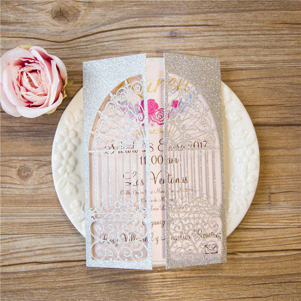 Impressive Silver Glittery Laser Cut Wedding Invitations with Ceremonial Gate and Eye-catching Pink Bow Tie Lcz085 (4)