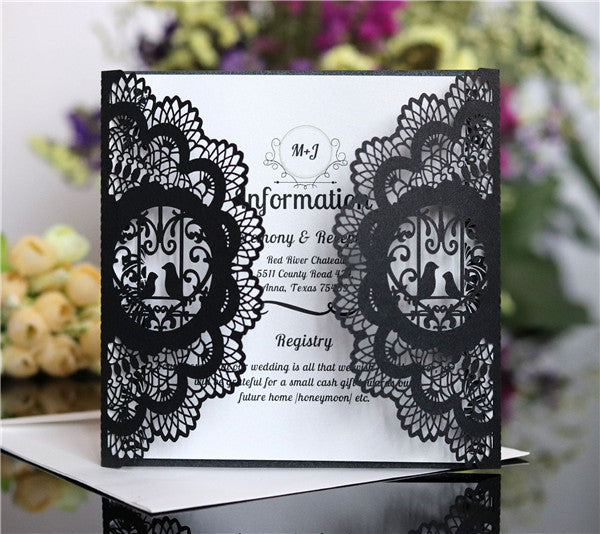 Inexpensive classic Black and white lace laser cut wedding invitations LC061_1