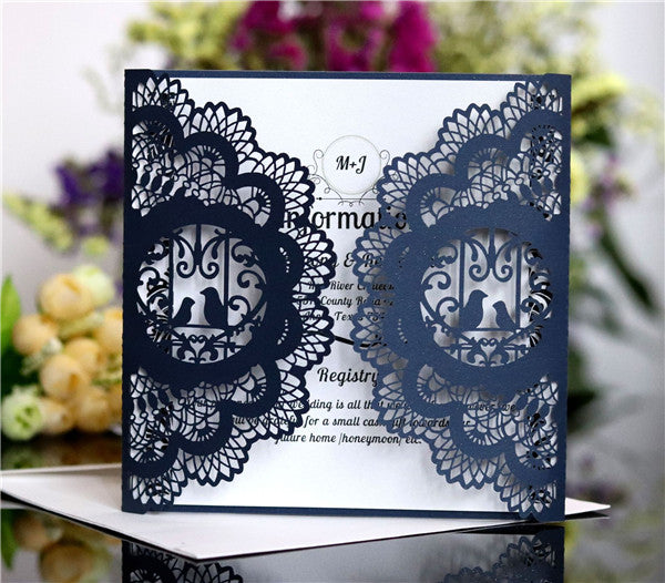Inexpensive classic Black and white lace laser cut wedding invitations LC061_2