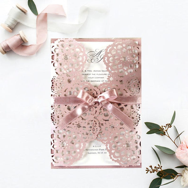 Intricate Metallic Rose Lace Filigree Laser Cut Wedding Invitations (1)