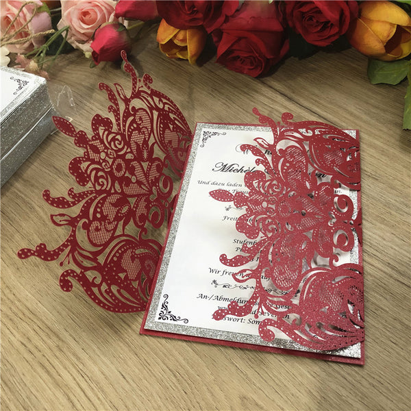 Intriguing Burrgundy Laser Cut Wedding Invitations with Sivler Glitter Backer and floral pattern Lcz051 (1)