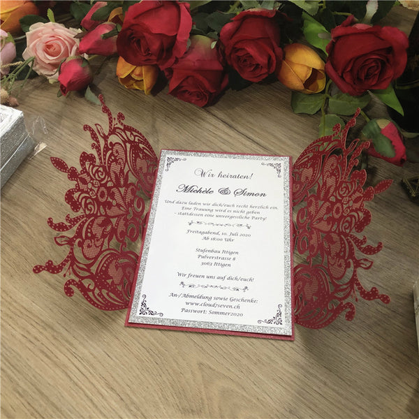 Intriguing Burrgundy Laser Cut Wedding Invitations with Sivler Glitter Backer and floral pattern Lcz051 (4)