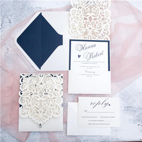 Intriguing Ivory Lace Laser Cut Wedding Invitations with Rhinestone and Navy Backer Lcz090 (1)