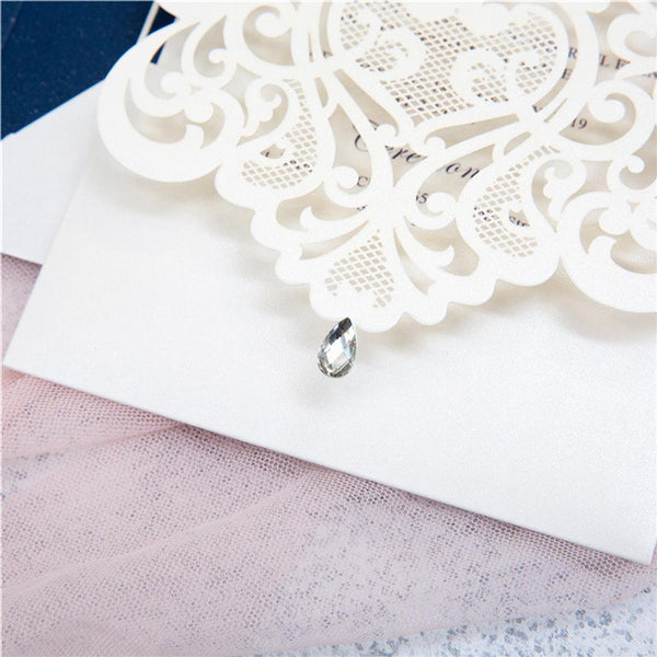 Intriguing Ivory Lace Laser Cut Wedding Invitations with Rhinestone and Navy Backer Lcz090 (2)