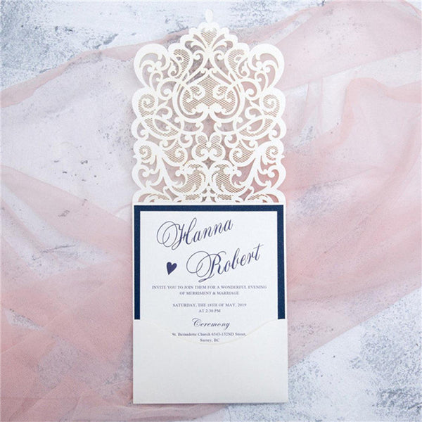 Intriguing Ivory Lace Laser Cut Wedding Invitations with Rhinestone and Navy Backer Lcz090 (3)
