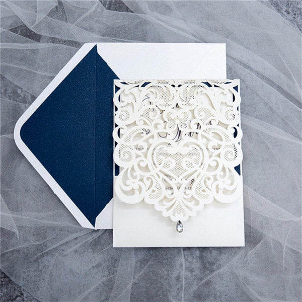 Intriguing Ivory Lace Laser Cut Wedding Invitations with Rhinestone and Navy Backer Lcz090 (4)
