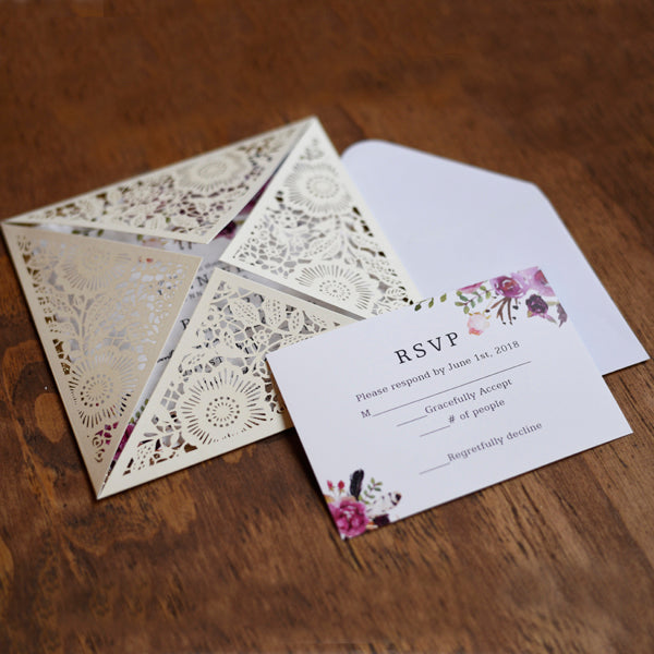 Ivory Floral Lasercut Invitation with Gold Glitter Trim and Watercolor Design (1)