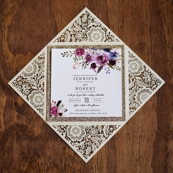 Ivory Floral Lasercut Invitation with Gold Glitter Trim and Watercolor Design (2)