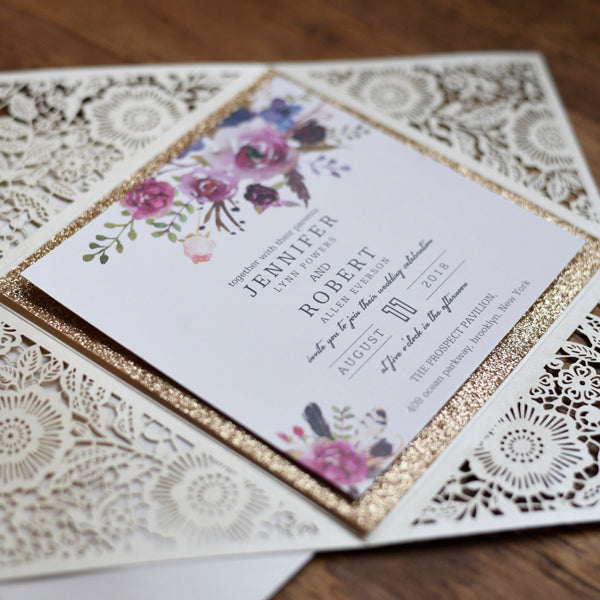 Ivory Floral Lasercut Invitation with Gold Glitter Trim and Watercolor Design (4)