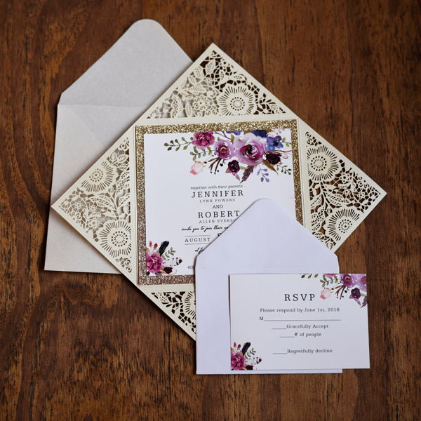 Ivory Floral Lasercut Invitation with Gold Glitter Trim and Watercolor Design (5)