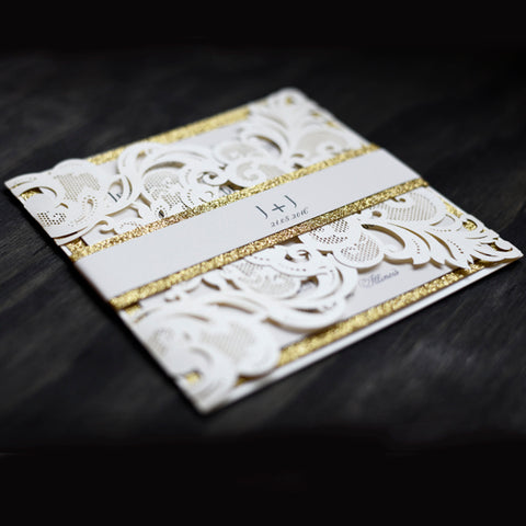 Ivory Lasercut with Gold Glitter and Monogram Belly Band Classic Wedding Invitation (1)
