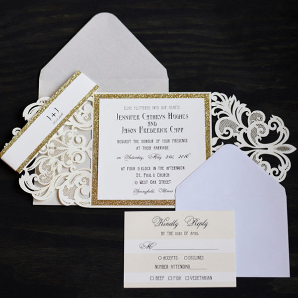 Ivory Lasercut with Gold Glitter and Monogram Belly Band Classic Wedding Invitation (3)