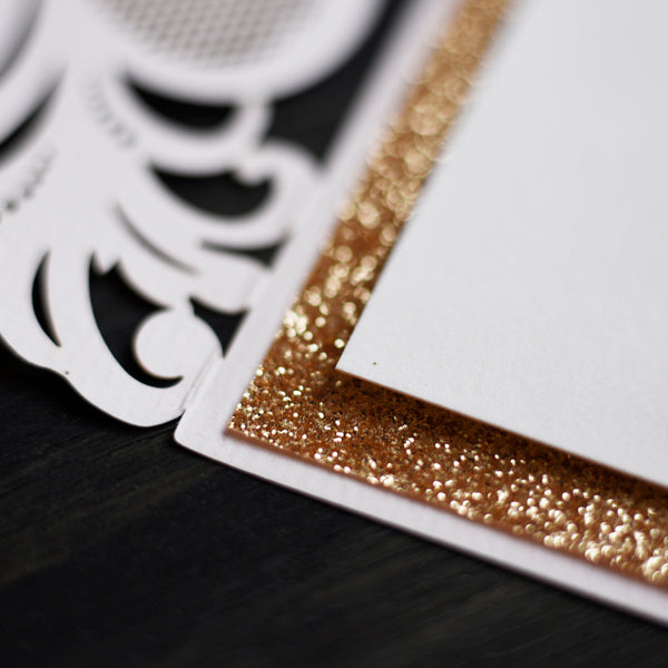Ivory Lasercut with Gold Glitter and Monogram Belly Band Classic Wedding Invitation (4)