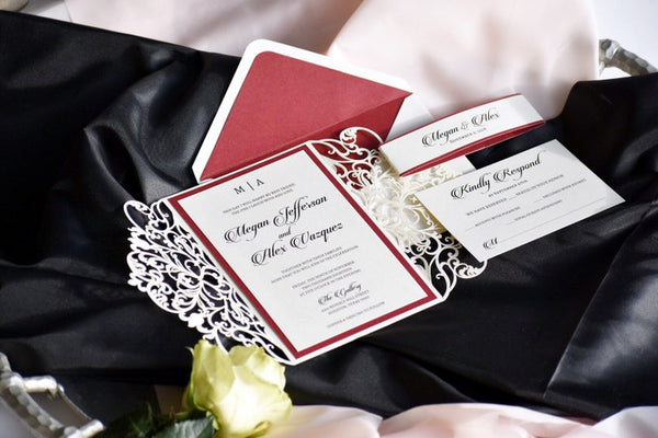 Ivory and Burgundy Foil Laser Cut Wedding Invitation with Belly Band (1)