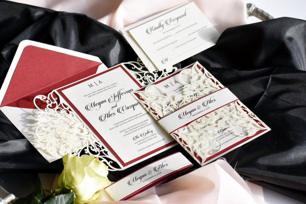 Ivory and Burgundy Foil Laser Cut Wedding Invitation with Belly Band (2)