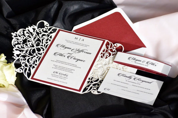 Ivory and Burgundy Foil Laser Cut Wedding Invitation with Belly Band (3)